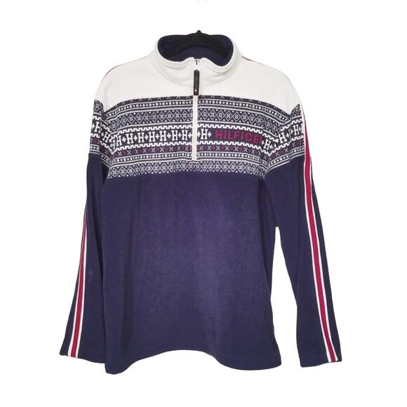 Tommy Hilfiger Spell out Blue Fair Isle 1/4 zip Fleece Sweater Men's Med - Picture 2 of 8